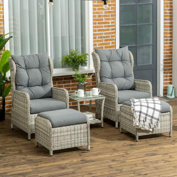 5 Pieces Rattan Bistro Set with Adjustable Back, Reclining Wicker Balcony Furniture with Cushions, Glass Top Coffee Table and Footstools, Outdoor Table and Chairs, Grey