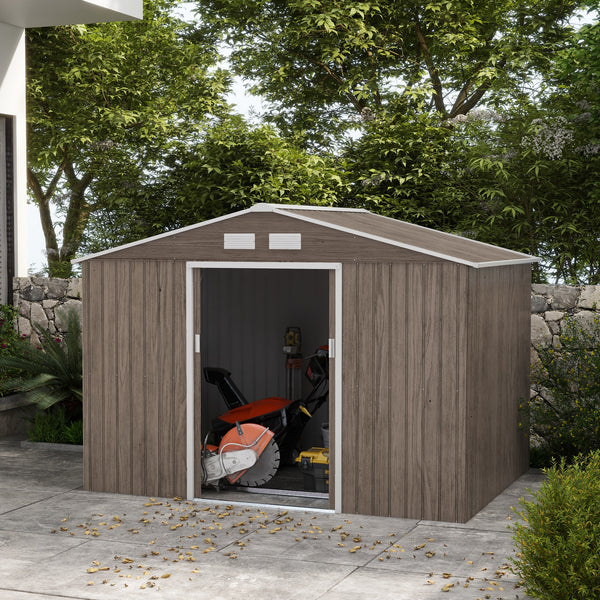 Outsunny 9' x 6' Outdoor Storage Shed, Garden Tool Metal Shed with Foundation Kit, Double Lockable Door, Air Vents and Sloping Roof, for Backyard, Patio, Lawn, Light Brown