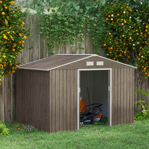 Outsunny 9' x 6' Outdoor Storage Shed, Garden Tool Metal Shed with Foundation Kit, Double Lockable Door, Air Vents and Sloping Roof, for Backyard, Patio, Lawn, Light Brown