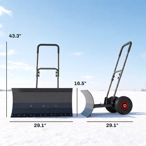 Snow Shovel with Wheels, 29" x 16.5" Heavy Duty Metal Snow Pusher with 5-Level Adjustable Handle, 5-Angle Blade and Non-Slip Grip, for Driveway, Sidewalks, Garden, Deck, Black
