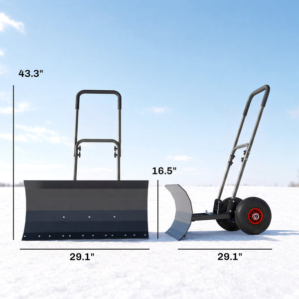 Snow Shovel with Wheels, 29" x 16.5" Heavy Duty Metal Snow Pusher with 5-Level Adjustable Handle, 5-Angle Blade and Non-Slip Grip, for Driveway, Sidewalks, Garden, Deck, Black