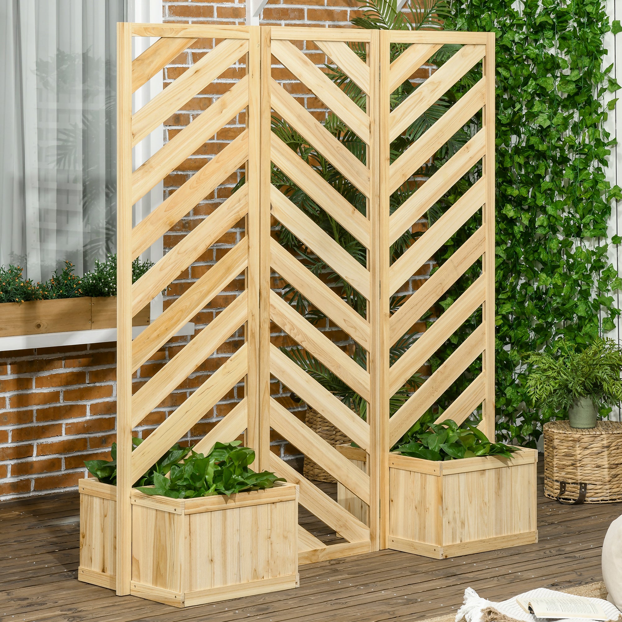wood trellis screen Outsunny Decorative Outdoor Privacy Screen, Freestanding Divider/Separator with 4 Self-Draining Planters