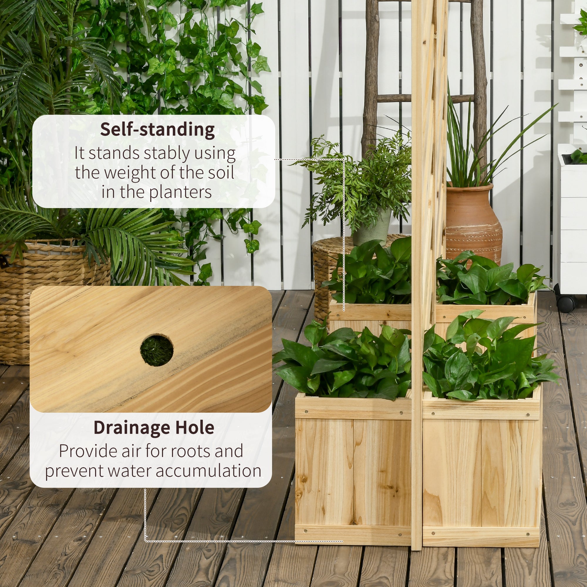 wood freestanding trellis Outsunny Decorative Outdoor Privacy Screen, Freestanding Divider/Separator with 4 Self-Draining Planters