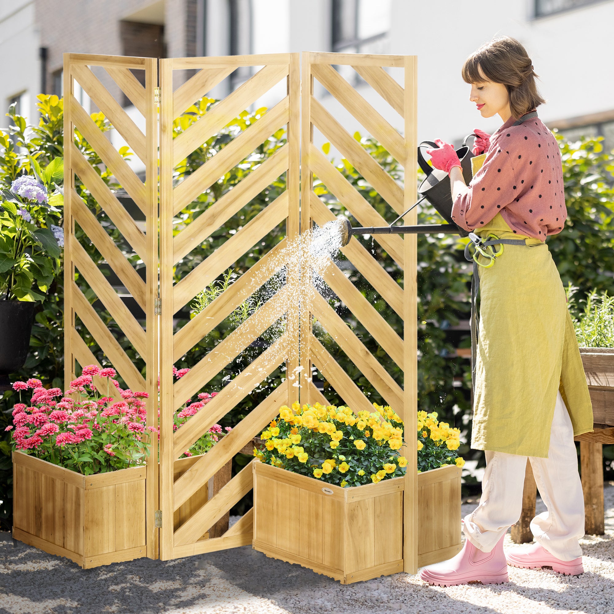 trellis with planter attached Outsunny Decorative Outdoor Privacy Screen, Freestanding Divider/Separator with 4 Self-Draining Planters