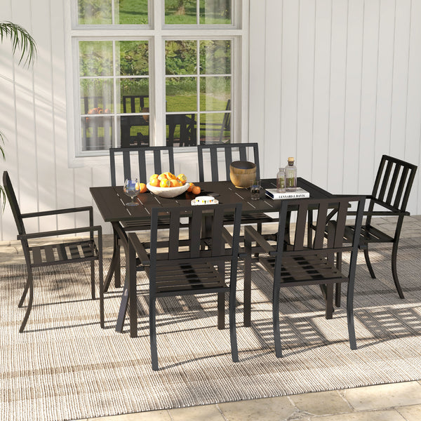 7 Pieces Patio Dining Set, 6 Seater Outdoor Table and Stackable Chairs with Umbrella Hole, Galvanised Steel Frame, Space Saving, for Poolside, Garden, Black