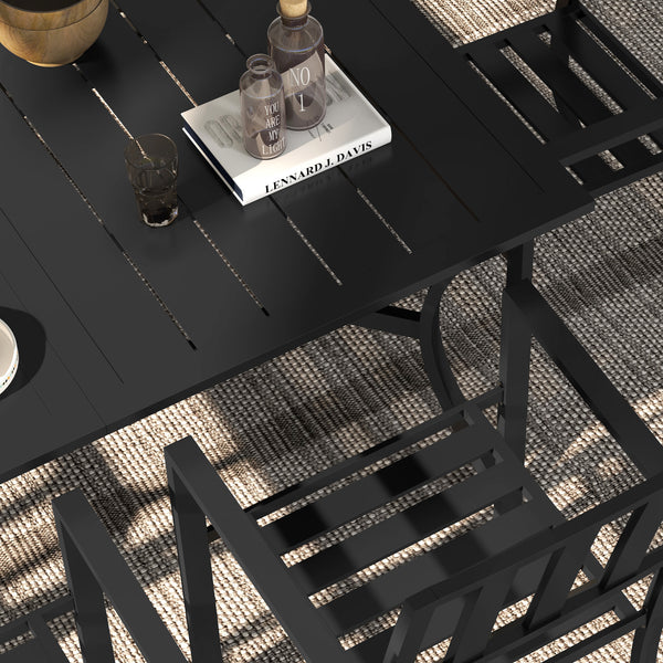 7 Pieces Patio Dining Set, 6 Seater Outdoor Table and Stackable Chairs with Umbrella Hole, Galvanised Steel Frame, Space Saving, for Poolside, Garden, Black