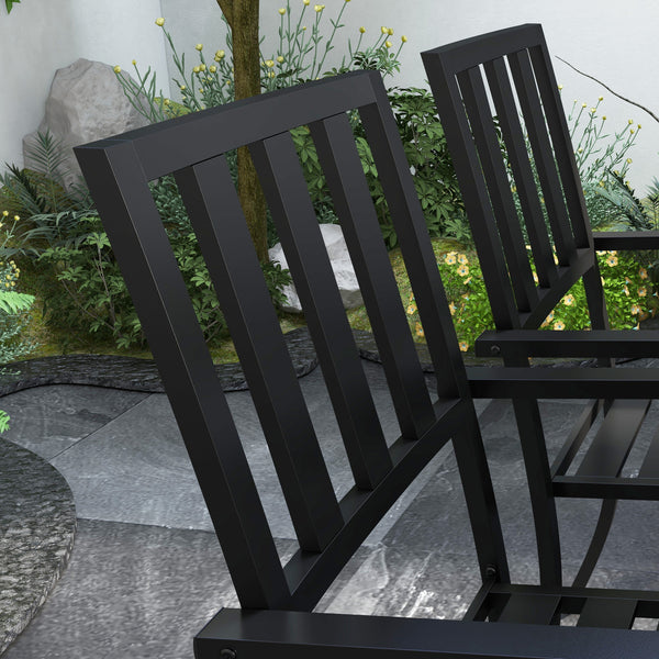 7 Pieces Patio Dining Set, 6 Seater Outdoor Table and Stackable Chairs with Umbrella Hole, Galvanised Steel Frame, Space Saving, for Poolside, Garden, Black