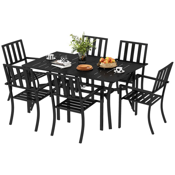 7 Pieces Patio Dining Set, 6 Seater Outdoor Table and Stackable Chairs with Umbrella Hole, Galvanised Steel Frame, Space Saving, for Poolside, Garden, Black
