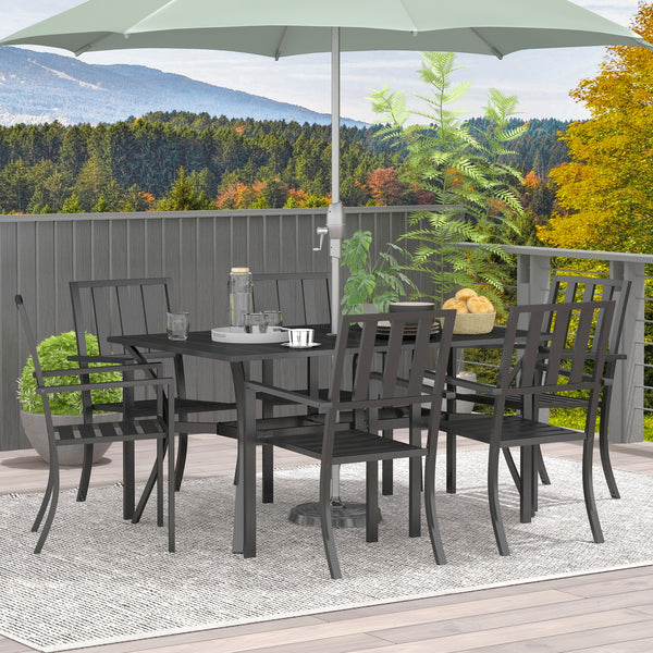 7 Pieces Patio Dining Set, 6 Seater Outdoor Table and Stackable Chairs with Umbrella Hole, Galvanised Steel Frame, Space Saving, for Poolside, Garden, Black