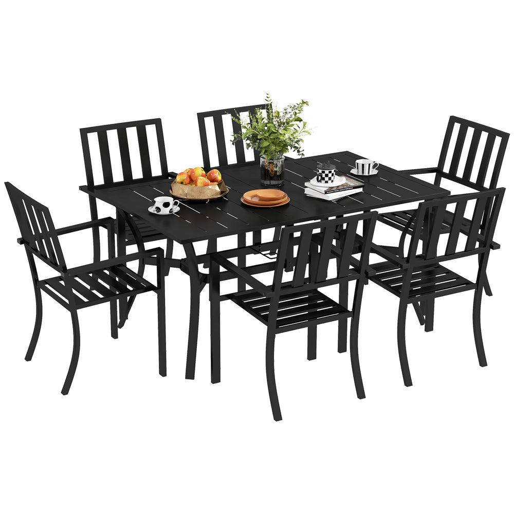 7 Pieces Patio Dining Set, 6 Seater Outdoor Table and Stackable Chairs with Umbrella Hole, Galvanised Steel Frame, Space Saving, for Poolside, Garden, Black