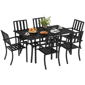 7 Pieces Patio Dining Set, 6 Seater Outdoor Table and Stackable Chairs with Umbrella Hole, Galvanised Steel Frame, Space Saving, for Poolside, Garden, Black