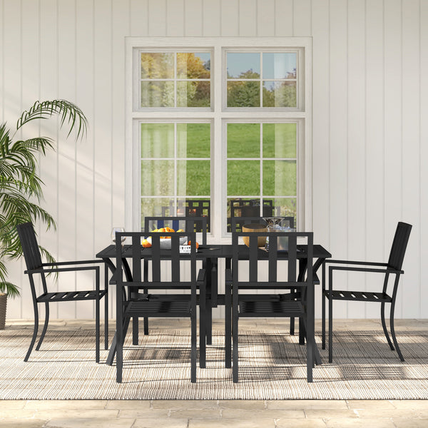 7 Pieces Patio Dining Set, 6 Seater Outdoor Table and Stackable Chairs with Umbrella Hole, Galvanised Steel Frame, Space Saving, for Poolside, Garden, Black