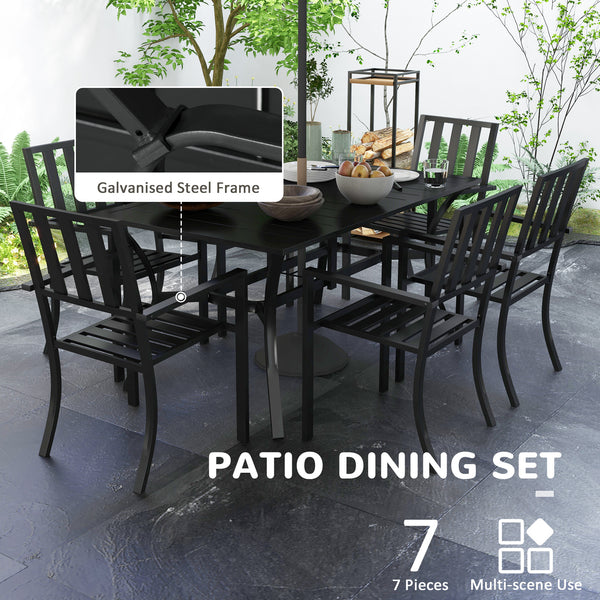 7 Pieces Patio Dining Set, 6 Seater Outdoor Table and Stackable Chairs with Umbrella Hole, Galvanised Steel Frame, Space Saving, for Poolside, Garden, Black
