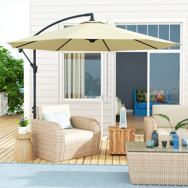 10' Deluxe Patio Umbrella, Outdoor Market Parasol, Banana Hanging Offset Sunshade with Crank, Cross Base, Beige