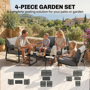 4 Piece Garden Furniture Set, Outdoor Sofa Set with Loveseat, 2 Armchairs, Coffee Table and Cushions, Patio Furniture Conversation Set for Poolside Porch, Black