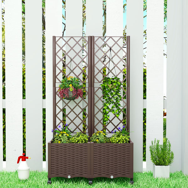 Planter Box with Trellis, Self Watering Raised Garden Bed with Lockable Wheels, 56.3" Trellis Privacy Planter with Drainage Holes for Climbing Plants, Vines, Vegetables, Flowers, Brown