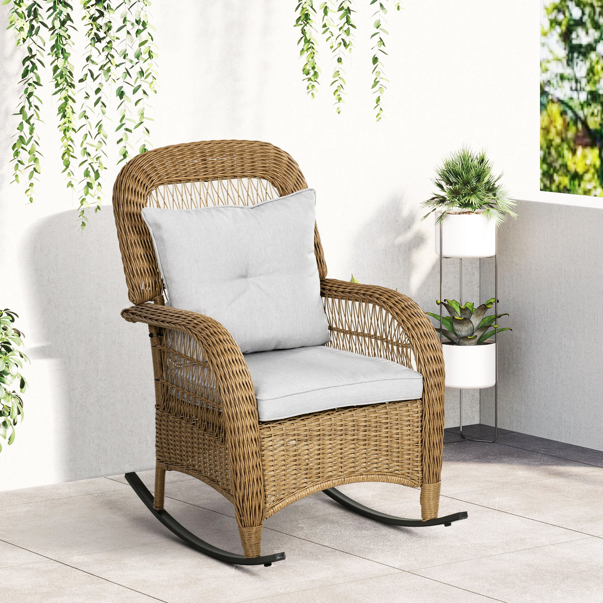 Outsunnny Outdoor PE Rattan Rocking Chair with Cushions, Patio