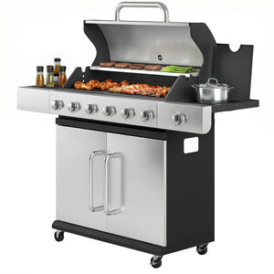 6 Burner Propane Gas Grill with Side Burner, 63,000 BTU Stainless Steel Barbecue Grill with Cast Iron Grates, Wheels, Warming Rack, Side Tables, Cabinet for Outdoor Kitchen, Backyard Barbecue
