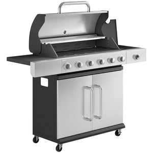 6 Burner Propane Gas Grill with Side Burner, 63,000 BTU Stainless Steel Barbecue Grill with Cast Iron Grates, Wheels, Warming Rack, Side Tables, Cabinet for Outdoor Kitchen, Backyard Barbecue