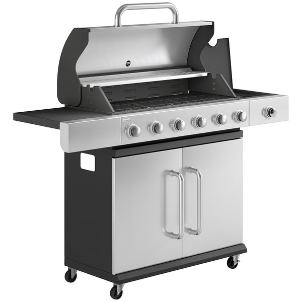 6 Burner Propane Gas Grill with Side Burner, 63,000 BTU Stainless Steel Barbecue Grill with Cast Iron Grates, Wheels, Warming Rack, Side Tables, Cabinet for Outdoor Kitchen, Backyard Barbecue