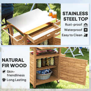 Outsunny Outdoor Grill Cart with Wheels and Storage Cabinet, Solid Wood Outdoor Kitchen Island with Stainless Steel Top, Movable Bar Cart with Drawer, Spice Rack, Side Handle for Camping, BBQ, Brown