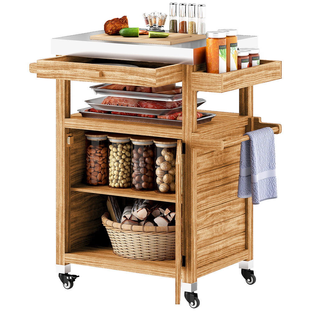 Outsunny Outdoor Grill Cart with Wheels and Storage Cabinet, Solid Wood Outdoor Kitchen Island with Stainless Steel Top, Movable Bar Cart with Drawer, Spice Rack, Side Handle for Camping, BBQ, Brown