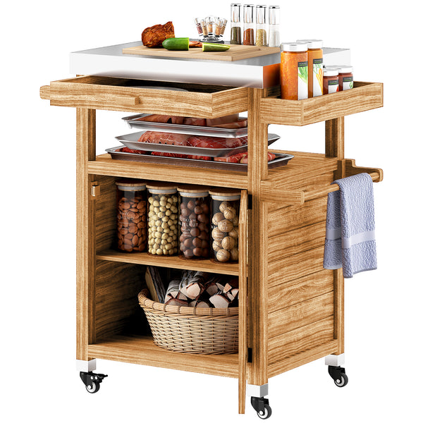 Outsunny Outdoor Grill Cart with Wheels and Storage Cabinet, Solid Wood Outdoor Kitchen Island with Stainless Steel Top, Movable Bar Cart with Drawer, Spice Rack, Side Handle for Camping, BBQ, Brown