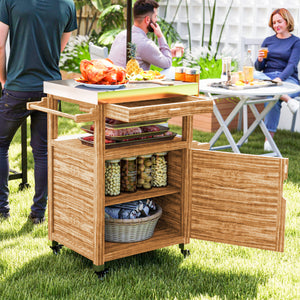 Outsunny Outdoor Grill Cart with Wheels and Storage Cabinet, Solid Wood Outdoor Kitchen Island with Stainless Steel Top, Movable Bar Cart with Drawer, Spice Rack, Side Handle for Camping, BBQ, Brown