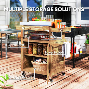 Outsunny Outdoor Grill Cart with Wheels and Storage Cabinet, Solid Wood Outdoor Kitchen Island with Stainless Steel Top, Movable Bar Cart with Drawer, Spice Rack, Side Handle for Camping, BBQ, Brown