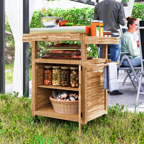 Outsunny Outdoor Grill Cart with Wheels and Storage Cabinet, Solid Wood Outdoor Kitchen Island with Stainless Steel Top, Movable Bar Cart with Drawer, Spice Rack, Side Handle for Camping, BBQ, Brown