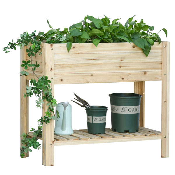 Wooden Raised Garden Bed Plant Stand Outdoor Tall Flower Bed Box with Clapboard, Nature Wood Color 100 x 40 x 84cm