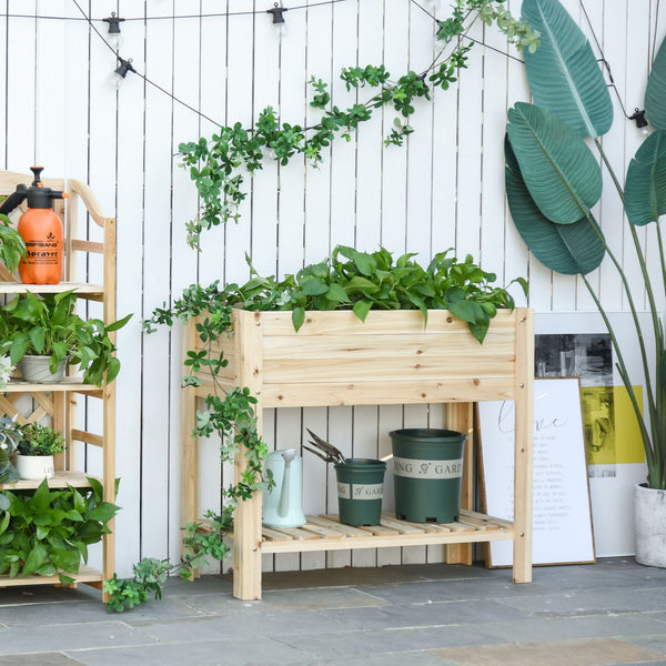 Wooden Raised Garden Bed Plant Stand Outdoor Tall Flower Bed Box with Clapboard, Nature Wood Color 100 x 40 x 84cm