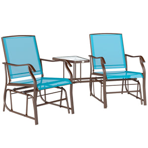 Double Patio Glider Chair with Glass Top Center Table, Outdoor Glider Loveseat with High Back,  All Weather Breathable Mesh Fabric for Garden, Backyard, Deck, Blue