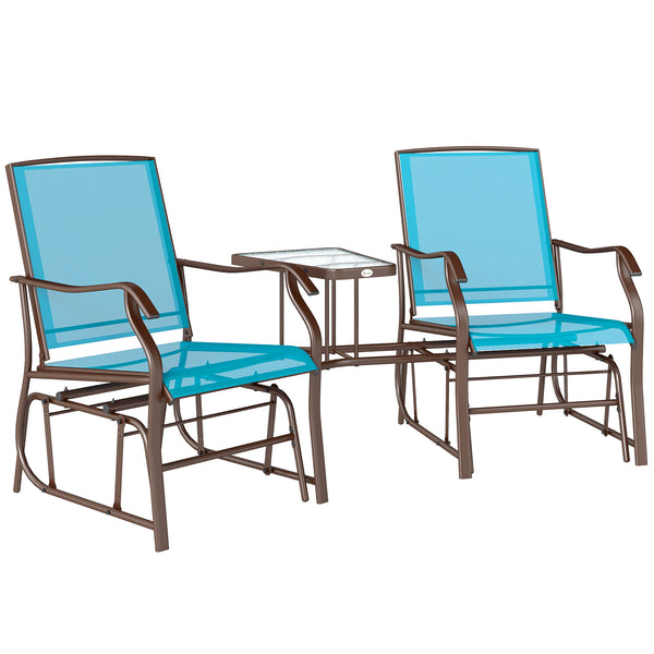 Double Patio Glider Chair with Glass Top Center Table, Outdoor Glider Loveseat with High Back,  All Weather Breathable Mesh Fabric for Garden, Backyard, Deck, Blue