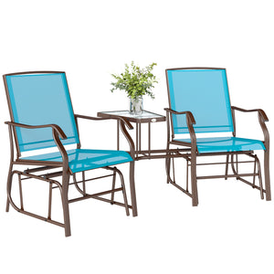 Double Patio Glider Chair with Glass Top Center Table, Outdoor Glider Loveseat with High Back,  All Weather Breathable Mesh Fabric for Garden, Backyard, Deck, Blue