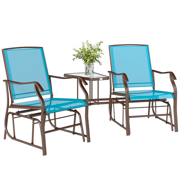 Double Patio Glider Chair with Glass Top Center Table, Outdoor Glider Loveseat with High Back,  All Weather Breathable Mesh Fabric for Garden, Backyard, Deck, Blue