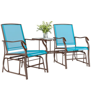 Double Patio Glider Chair with Glass Top Center Table, Outdoor Glider Loveseat with High Back,  All Weather Breathable Mesh Fabric for Garden, Backyard, Deck, Blue