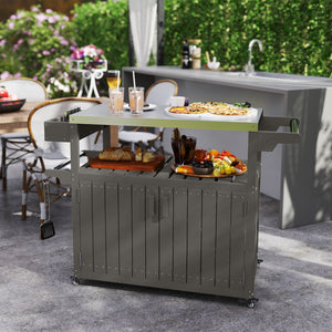 Outdoor Bar Cart with Storage Cabinet, Stainless Steel Top Kitchen Island on Wheels, HDPE Outdoor Bar Table, Movable Patio Beverage Food Prep Table for BBQ Picnic, Dark Gray