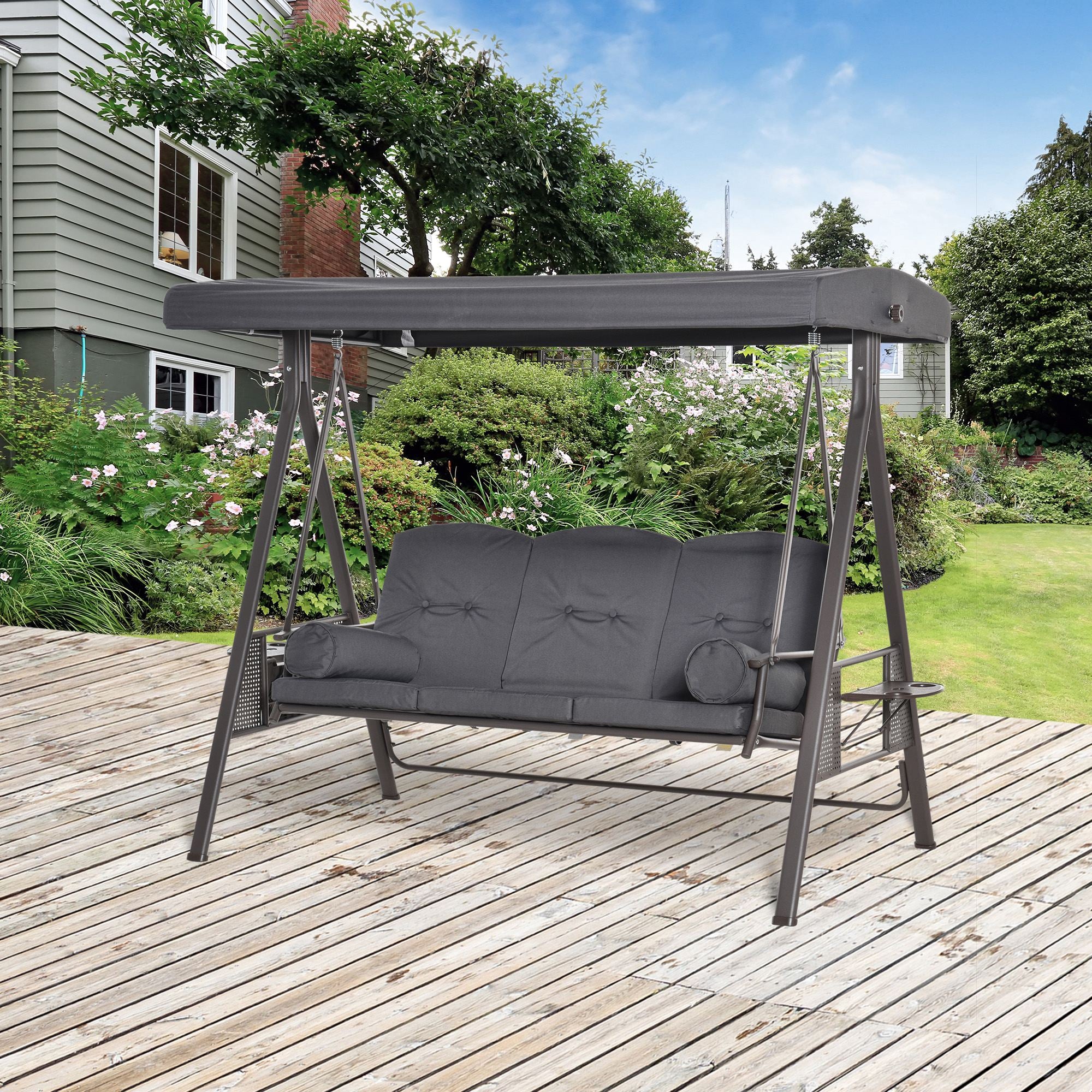3-Person Outdoor Canopy Cushioned Swing Chair with Included Side Trays, Dark Grey