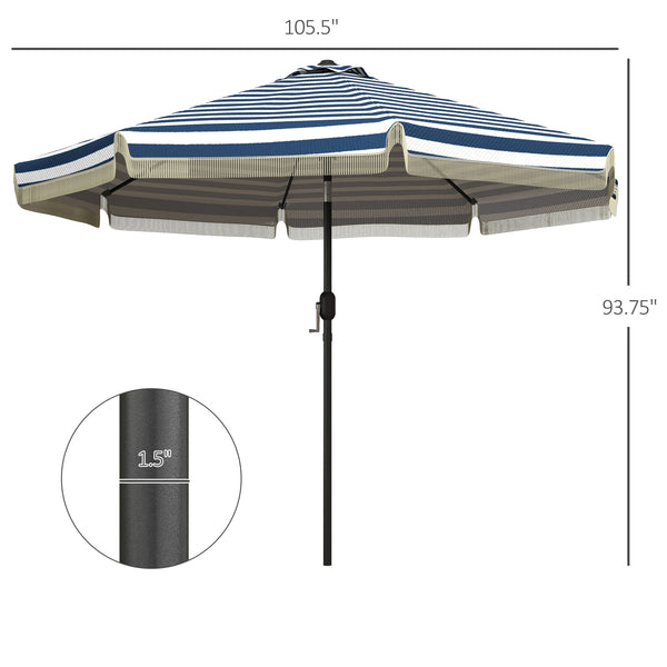 Outsunny 9ft Patio Umbrella with Push Button Tilt and Crank, Ruffled Outdoor Market Table Umbrella with Tassles and 8 Ribs, for Garden, Deck, Pool, Blue Stripe