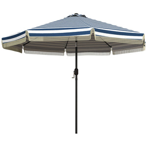 Outsunny 9ft Patio Umbrella with Push Button Tilt and Crank, Ruffled Outdoor Market Table Umbrella with Tassles and 8 Ribs, for Garden, Deck, Pool, Blue Stripe