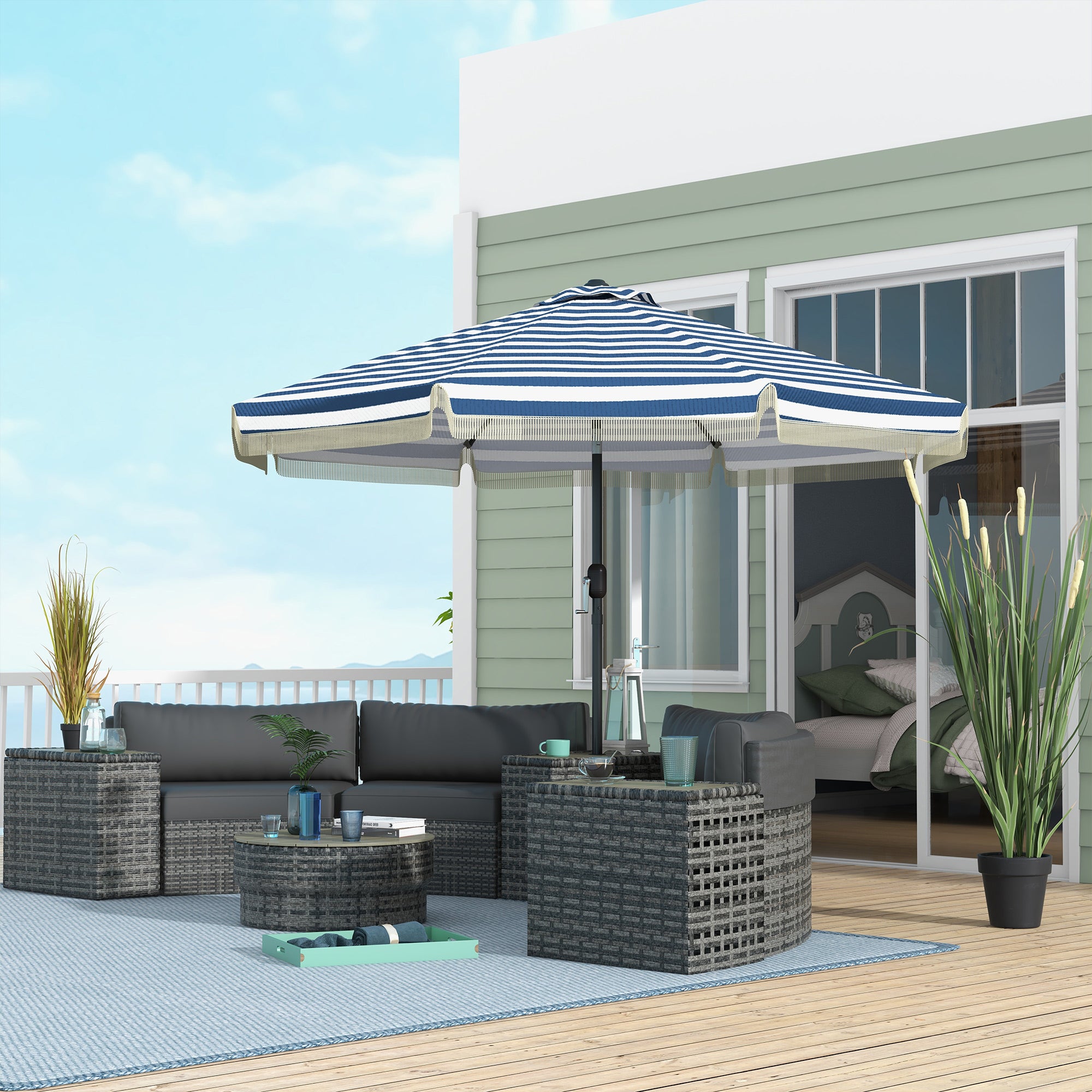9 foot round hardwood patio umbrella in stripe 9 ft Outsunny Garden Umbrella: 9ft, Blue Stripe with Tilt Crank and Ruffled Design for Deck and Pool Shade