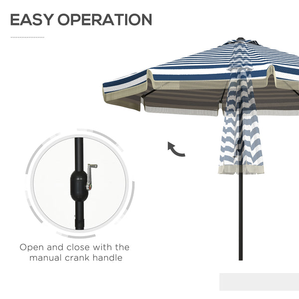 Outsunny 9ft Patio Umbrella with Push Button Tilt and Crank, Ruffled Outdoor Market Table Umbrella with Tassles and 8 Ribs, for Garden, Deck, Pool, Blue Stripe