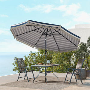 Outsunny 9ft Patio Umbrella with Push Button Tilt and Crank, Ruffled Outdoor Market Table Umbrella with Tassles and 8 Ribs, for Garden, Deck, Pool, Blue Stripe