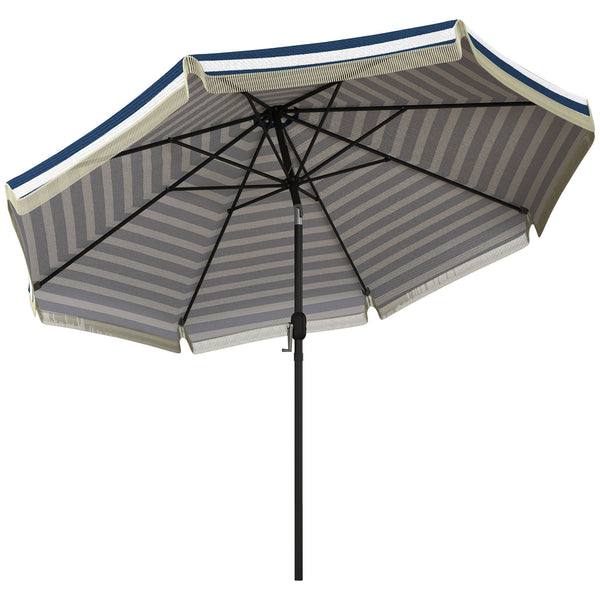 Outsunny 9ft Patio Umbrella with Push Button Tilt and Crank, Ruffled Outdoor Market Table Umbrella with Tassles and 8 Ribs, for Garden, Deck, Pool, Blue Stripe