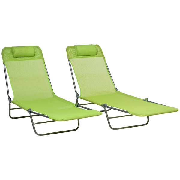 Outsunny 2 Piece Folding Chaise Lounge Chairs, Pool Sun Tanning Chairs, Outdoor Lounge Chairs with Reclining Back, Breathable Mesh Seat, Headrest for Beach, Yard, Patio, Green