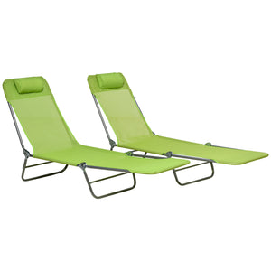 Outsunny 2 Piece Folding Chaise Lounge Chairs, Pool Sun Tanning Chairs, Outdoor Lounge Chairs with Reclining Back, Breathable Mesh Seat, Headrest for Beach, Yard, Patio, Green