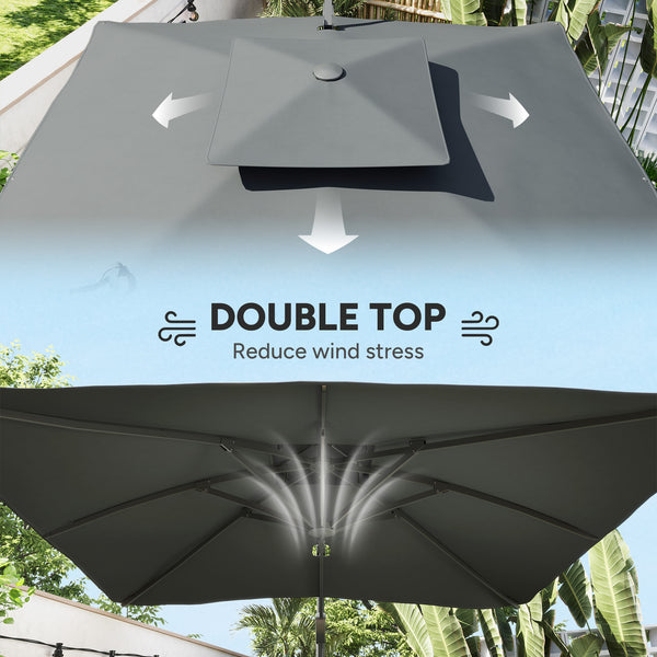 3(m) Cantilever Parasol with Hydraulic Opening, Heavy Duty Aluminium Hanging Garden Parasol, Double Top Square Patio Umbrella with 360° Rotation, 8 Ribs, Cross Base, Grey