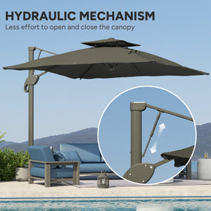 3(m) Cantilever Parasol with Hydraulic Opening, Heavy Duty Aluminium Hanging Garden Parasol, Double Top Square Patio Umbrella with 360° Rotation, 8 Ribs, Cross Base, Grey