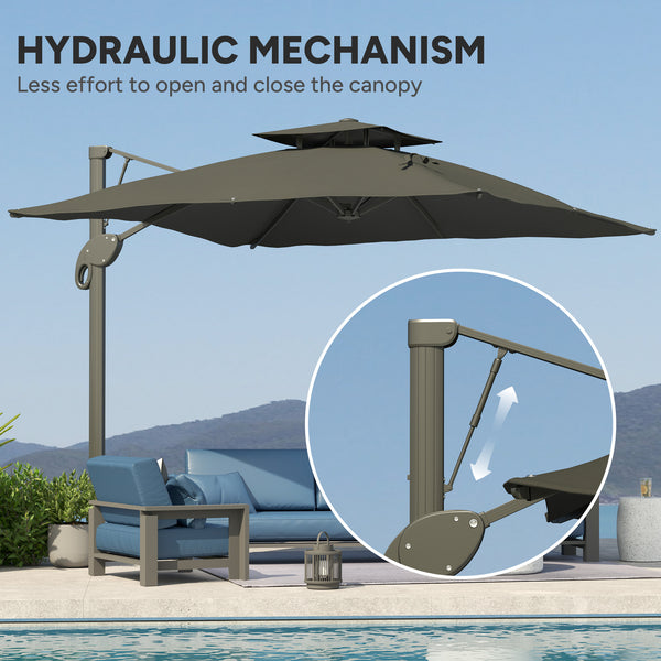 3(m) Cantilever Parasol with Hydraulic Opening, Heavy Duty Aluminium Hanging Garden Parasol, Double Top Square Patio Umbrella with 360° Rotation, 8 Ribs, Cross Base, Grey